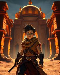 Immerse yourself in a world of precise architectural color photography featuring a brave, Disney-style hero embarking on a de