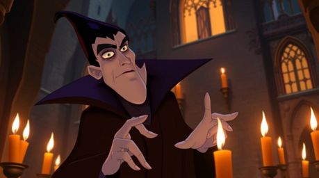 A classic Disney villain with sharp features and pale skin is casting a spell within the aged walls of an old castle, bathed