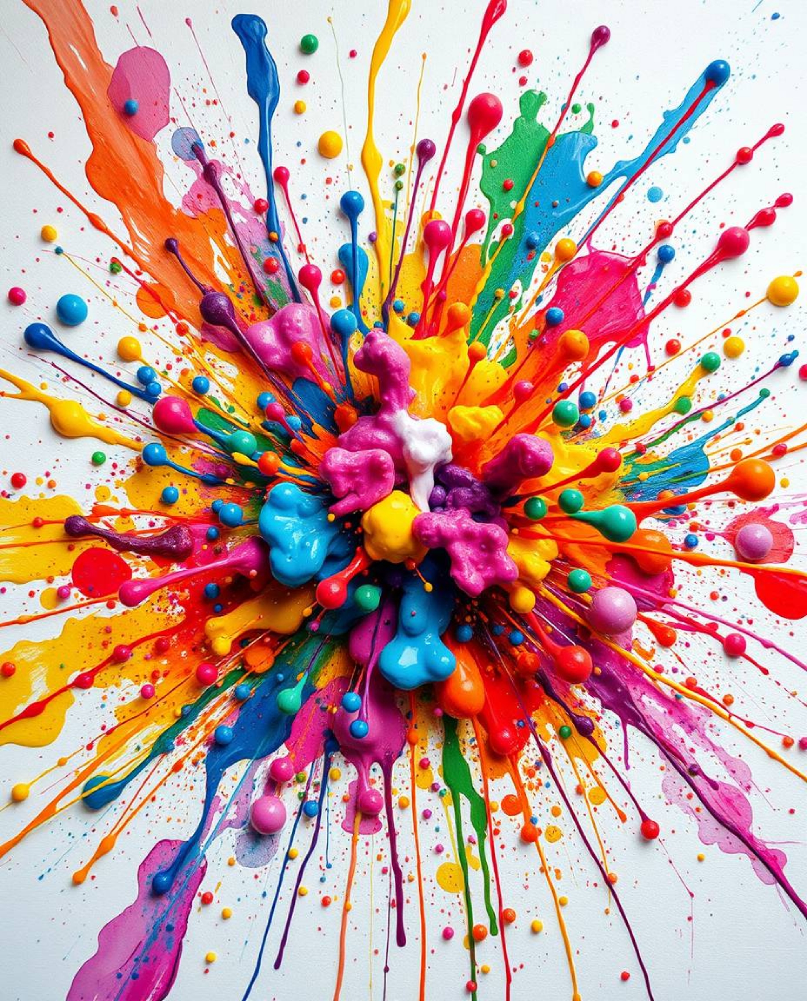 A vibrant explosion of colorful paint splashes dominates a pristine white canvas, creating a high-detail abstract masterpiece