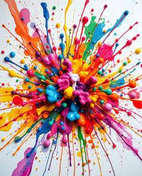 A vibrant explosion of colorful paint splashes dominates a pristine white canvas, creating a high-detail abstract masterpiece