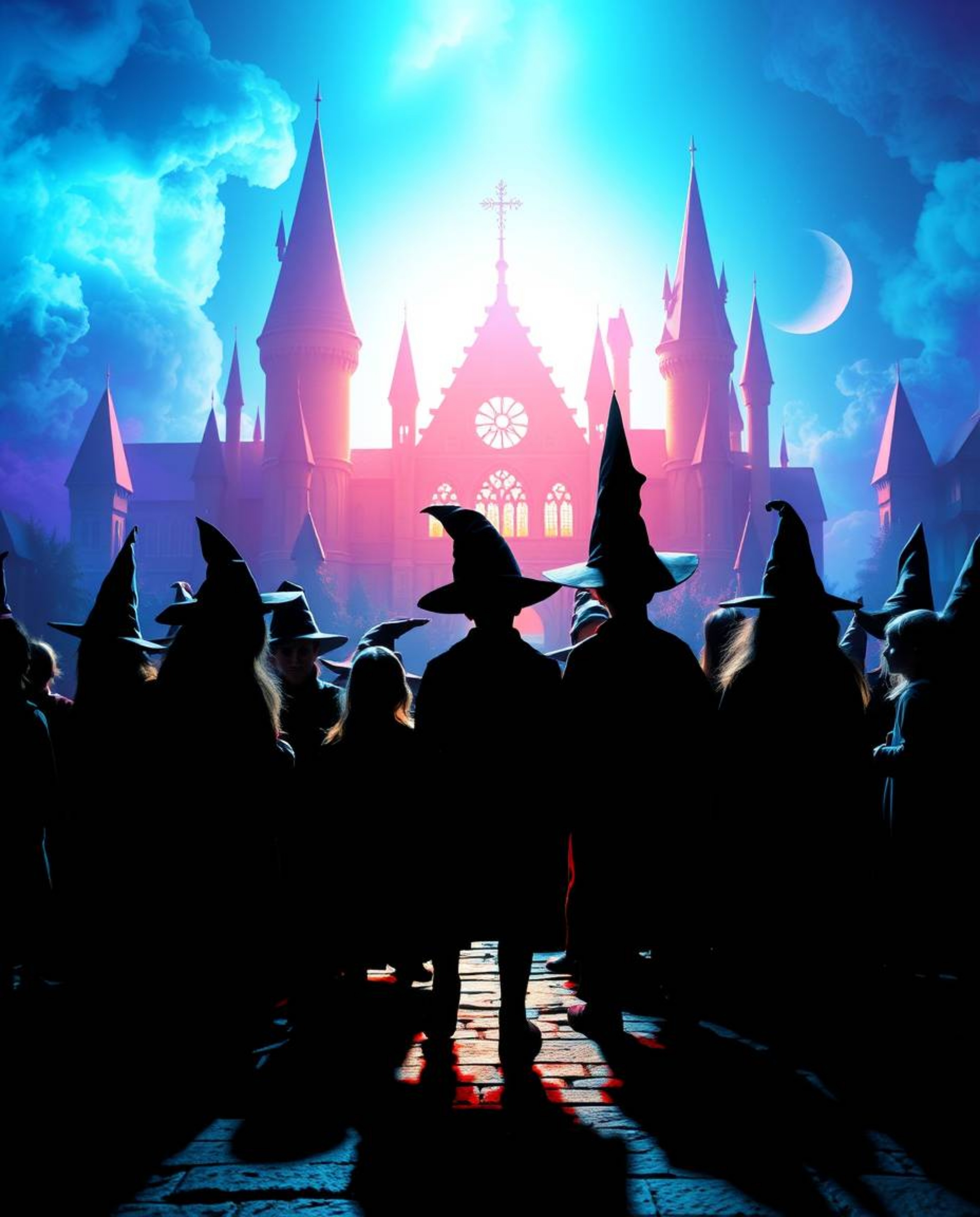 Explore a magical school teeming with young wizards, dramatically silhouetted against a vibrant light source. This electric a