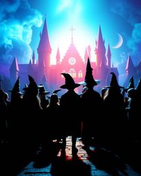 Explore a magical school teeming with young wizards, dramatically silhouetted against a vibrant light source. This electric a