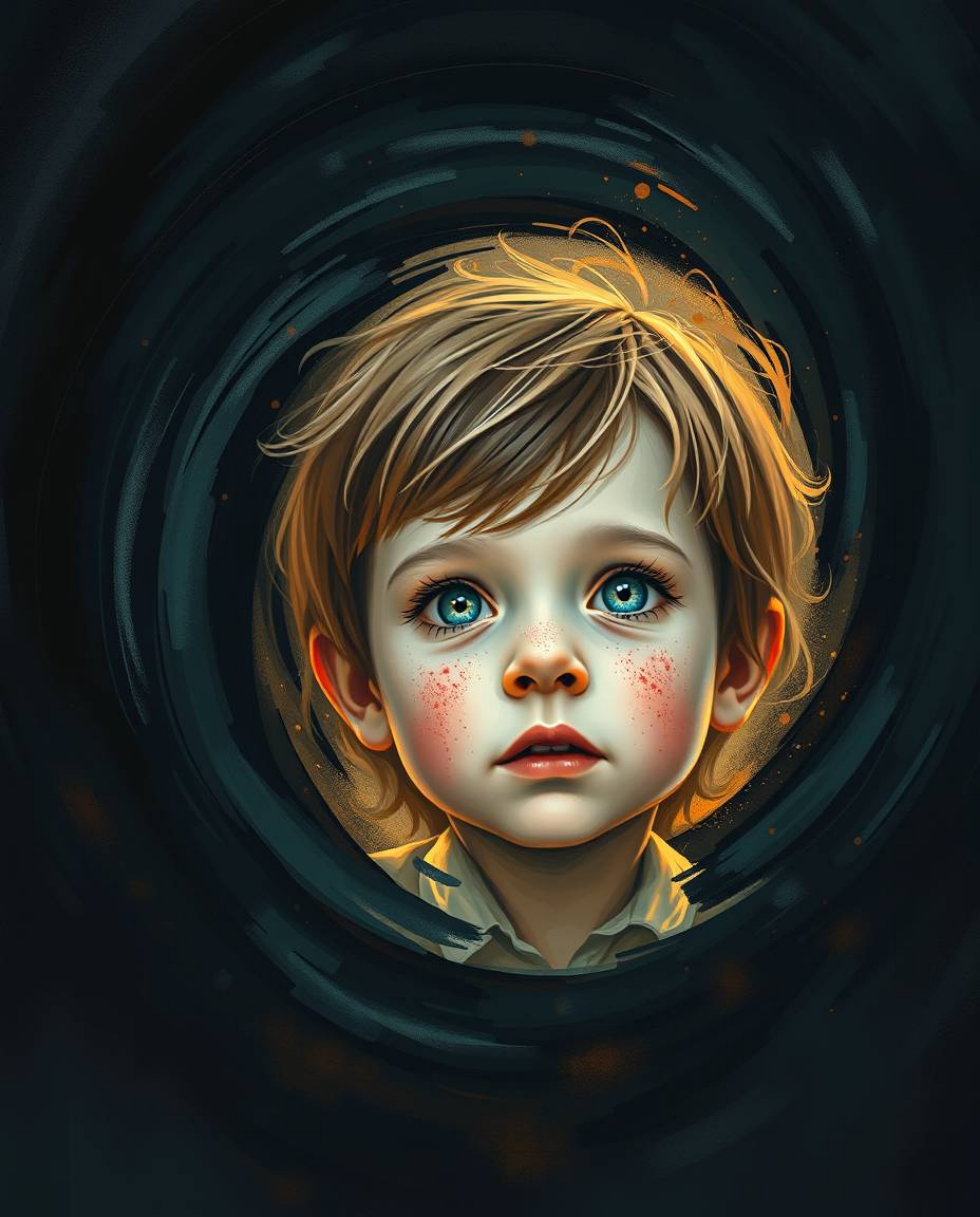 A curious child with bright eyes and freckled skin stumbles upon a swirling, jet-black magical portal in their backyard.  Ren