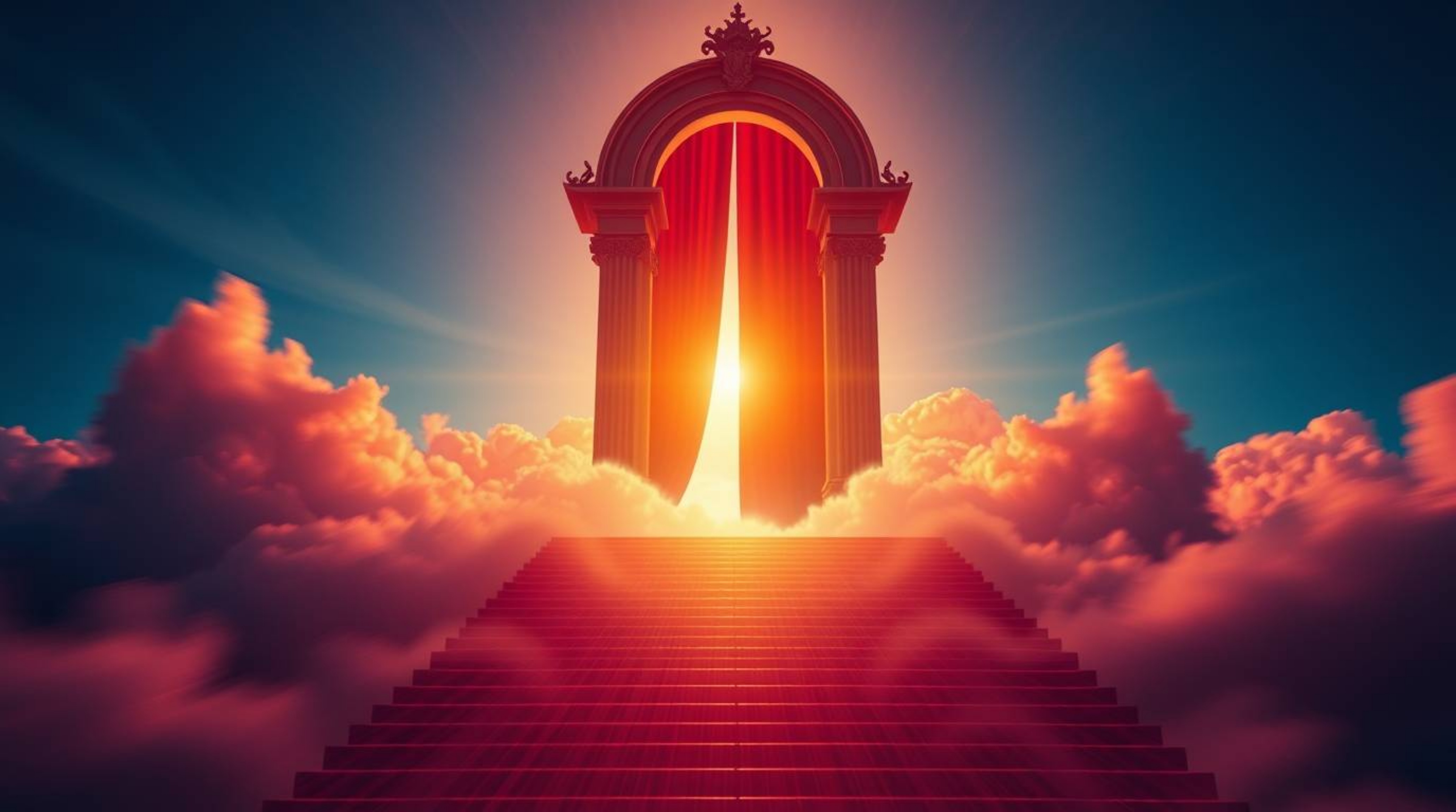 Experience a realm of rich burgundy and deep blue hues in this fantasy realism depiction of a heavenly gate. Golden light spi