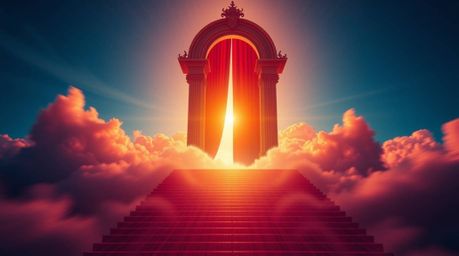 Experience a realm of rich burgundy and deep blue hues in this fantasy realism depiction of a heavenly gate. Golden light spi