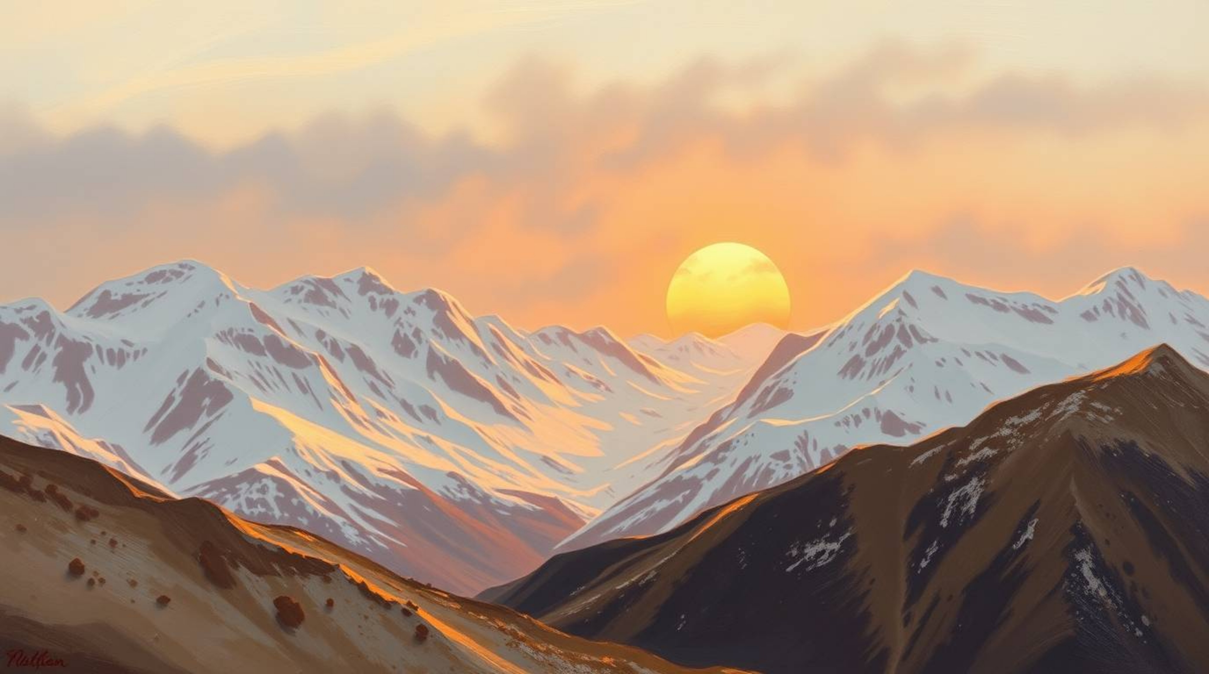 A captivating classic oil painting depicts snow-covered mountains bathed in the warm glow of a pastel sunset. The artwork ut