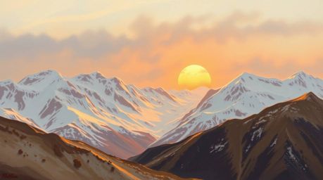 A captivating classic oil painting depicts snow-covered mountains bathed in the warm glow of a pastel sunset.  The artwork ut