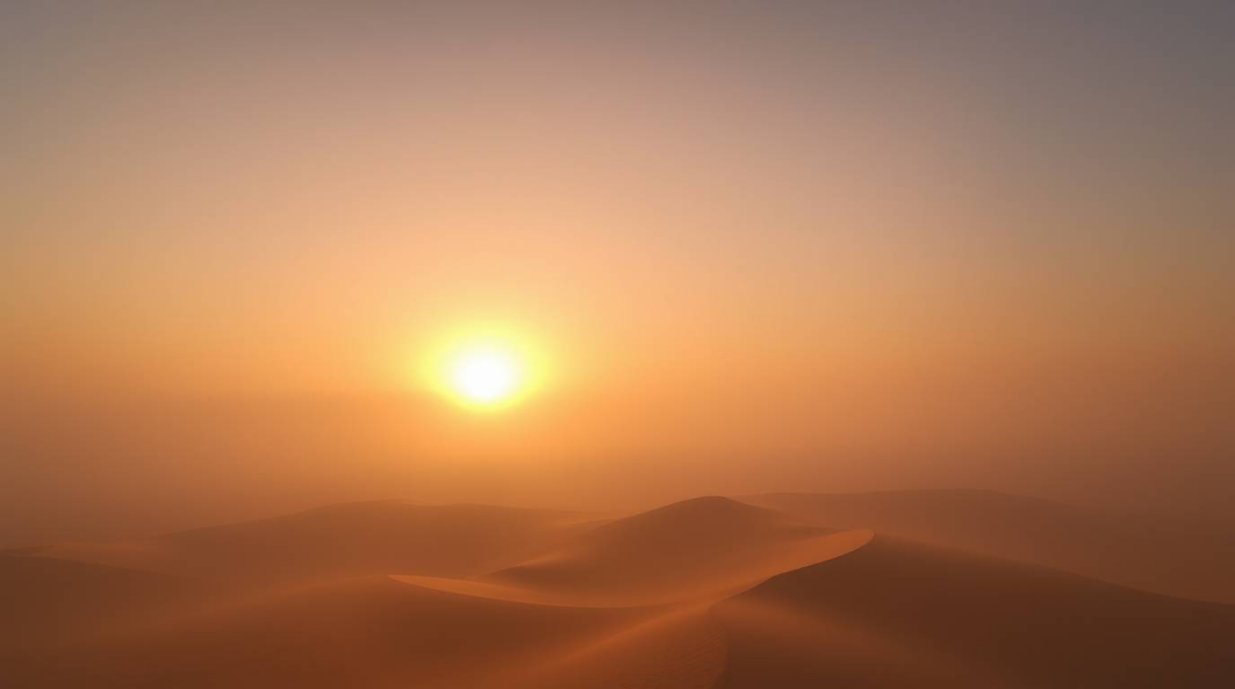 Experience the breathtaking beauty of a sunset over golden desert dunes, shrouded in a thick fog. This high-angle perspective