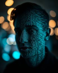 A captivating photograph showcasing a digital glitch art effect.  The image features a sharply focused human face morphing in