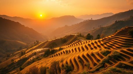Capture the magic of sunset over rice terraces in a mountainous landscape. This high-resolution photograph showcases warm gol