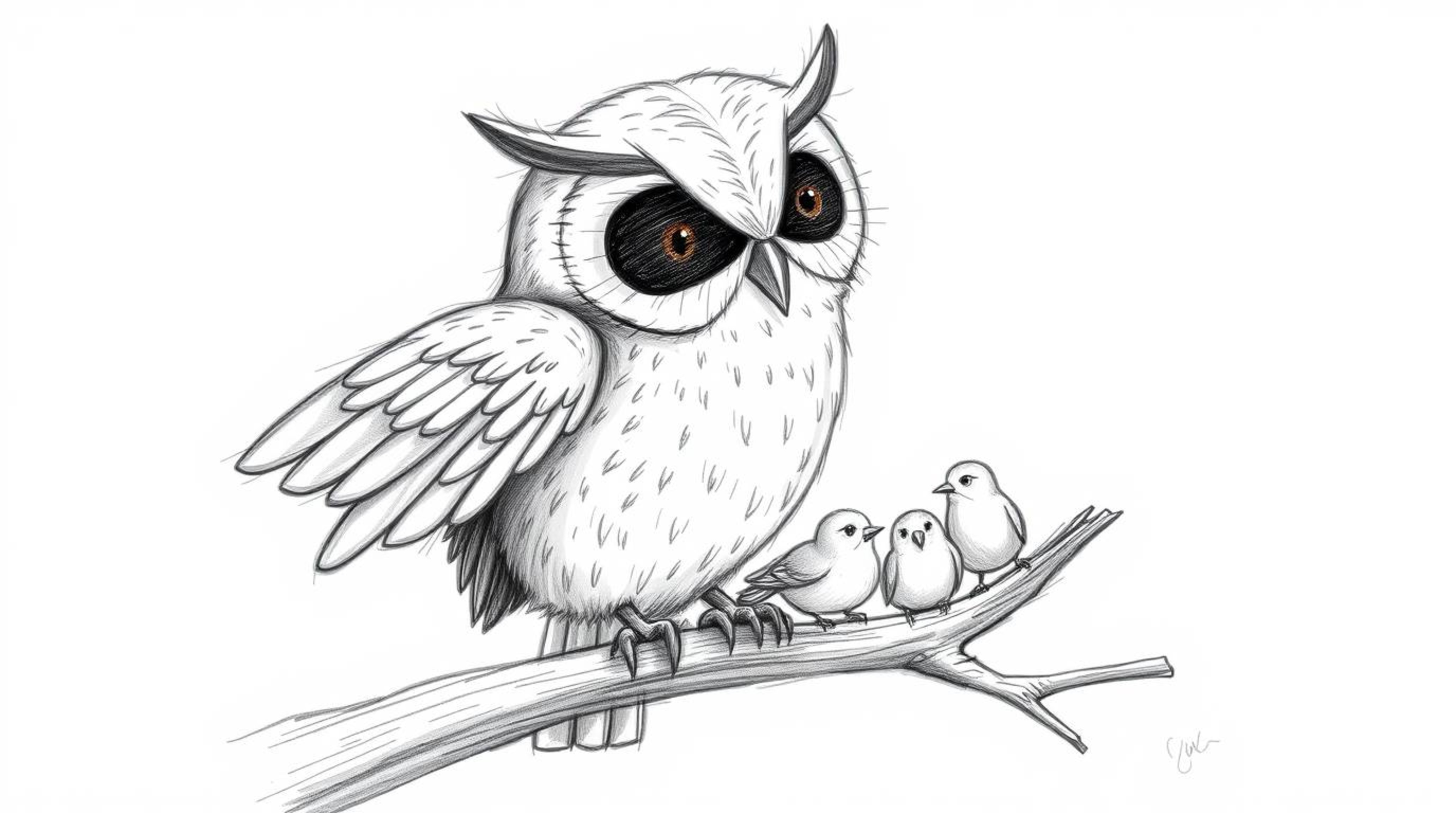 A heartwarming hand-drawn sketch in Pixar style depicts a blind owl with soft, feathery texture, gently guiding small birds i