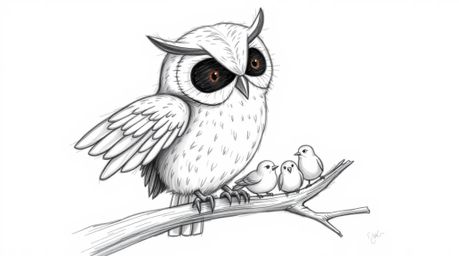 A heartwarming hand-drawn sketch in Pixar style depicts a blind owl with soft, feathery texture, gently guiding small birds i