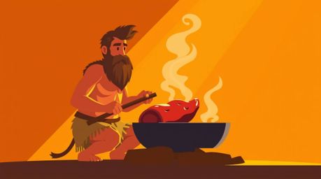 This illustration features a warm, modern flat design of a caveman cooking mammoth meat. The artwork uses strong, hard lighti