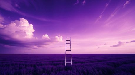 A minimalist scene featuring a silver ladder in a wide open field beneath a dramatic cloudy sky, illuminated with deep ultrav