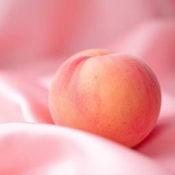 A captivating iridescent fine art photograph featuring a close-up, ASMR aesthetic of a blushing pink peach resting on pastel 