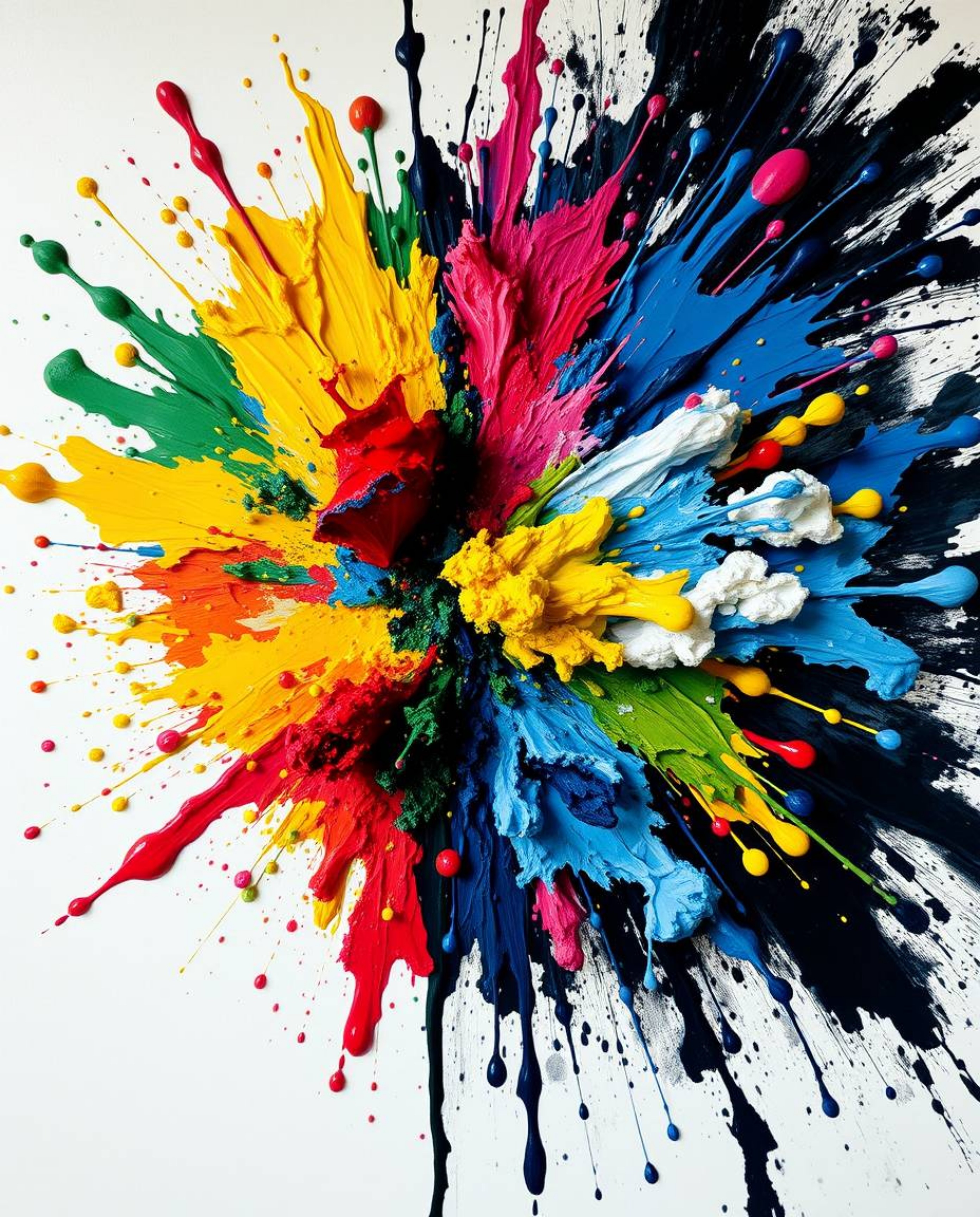 Experience the energy of a vibrant paint explosion on a pristine white canvas. This abstract artwork is rendered in high deta