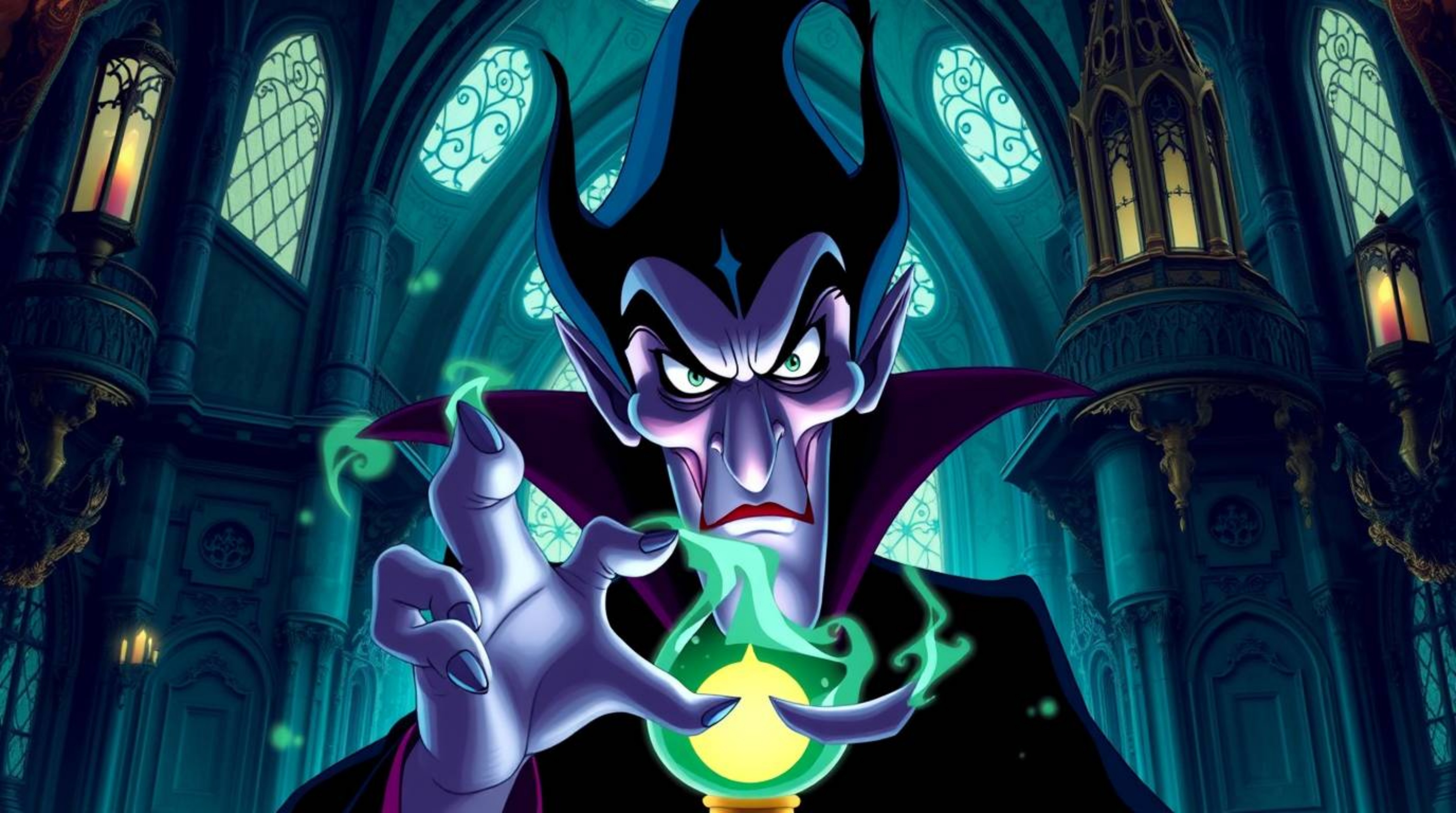 A vibrant illustration capturing a classic Disney villain with striking features and dark, expressive eyes, in the midst of c