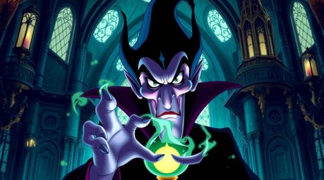 A vibrant illustration capturing a classic Disney villain with striking features and dark, expressive eyes, in the midst of c