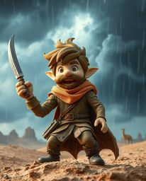 A brave Disney-style hero embarks on a thrilling desert adventure amidst intense weather and dramatic skies.  This sculpted a