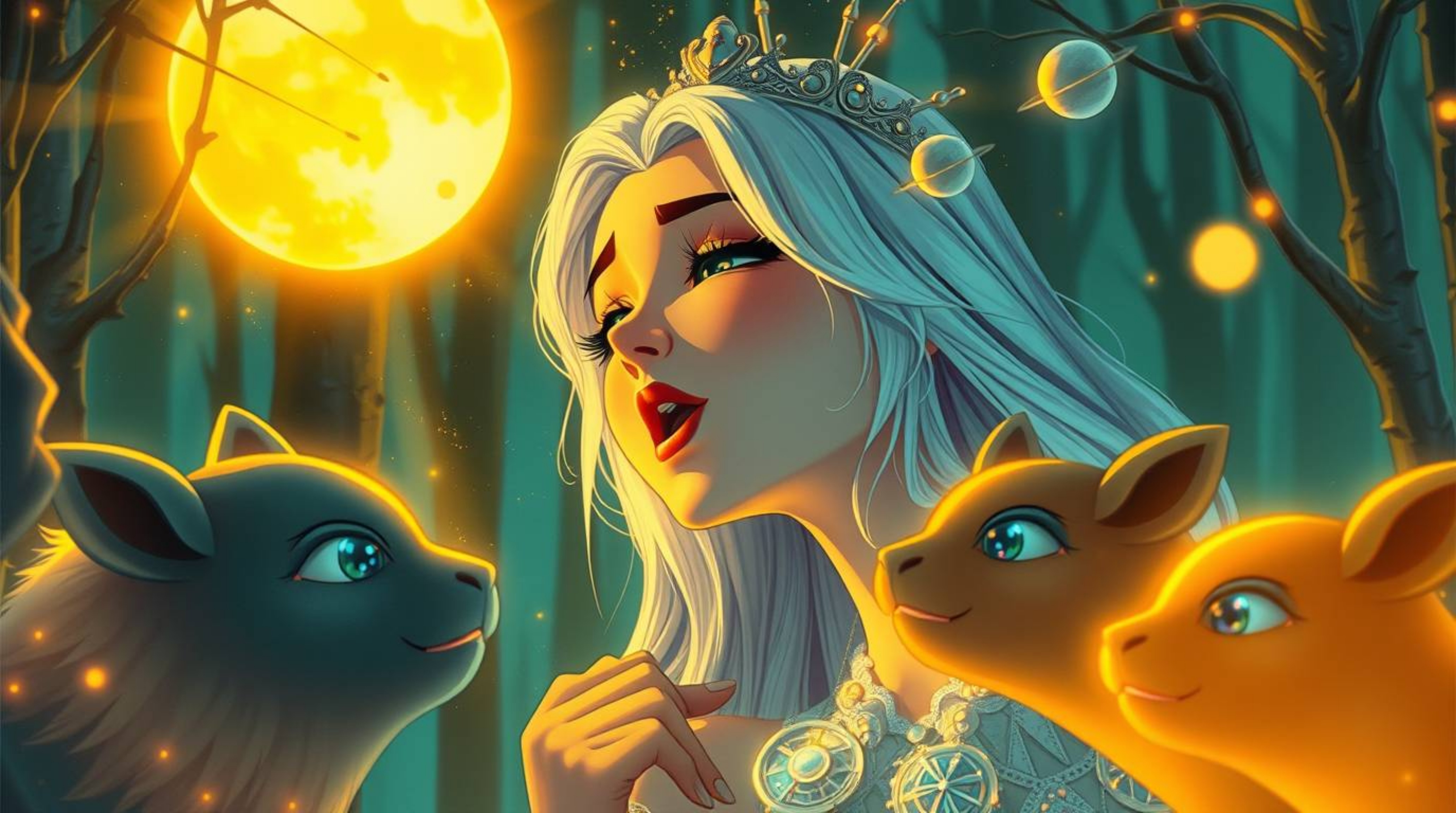 This image depicts a futuristic sci-fi princess with silver hair singing to bioluminescent forest animals in a vintage 2D ani