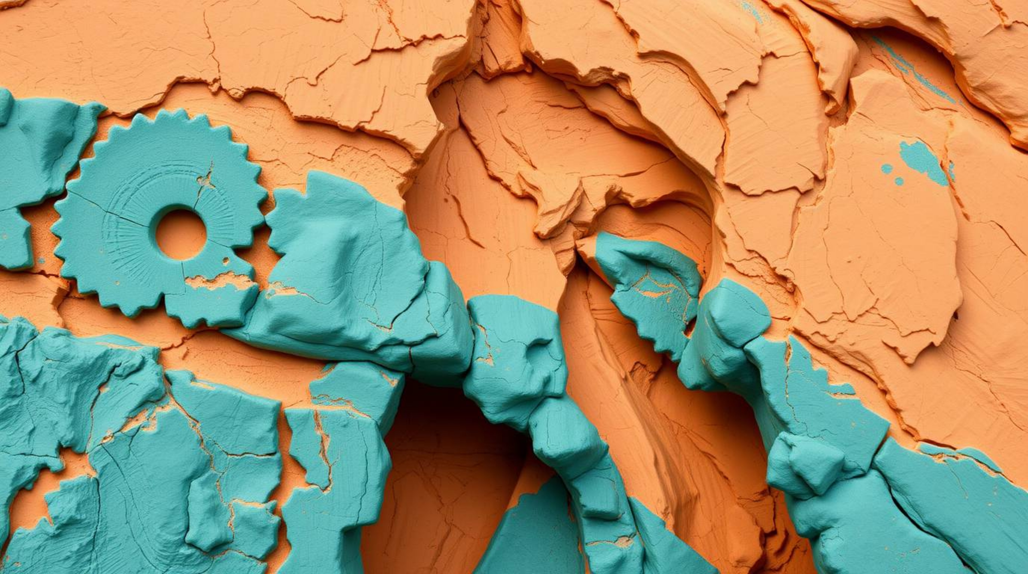 Discover a stunning rocky canyon landscape, where terracotta and teal clays create a captivating contrast of warm and cool co