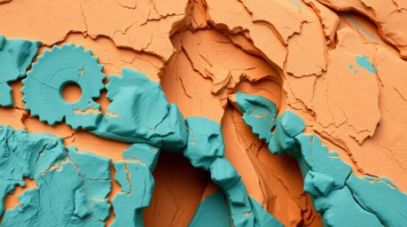 Discover a stunning rocky canyon landscape, where terracotta and teal clays create a captivating contrast of warm and cool co