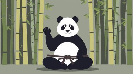 A captivating flat design illustration showcasing a martial artist panda in a state of deep meditation amidst a stylized bamb