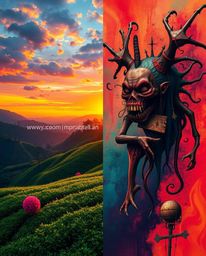A surreal, dreamlike digital painting with distinct split imagery. A serene sunset over terraced tea plantations is juxtapose