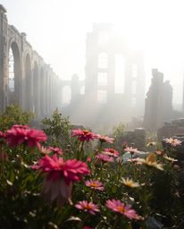 Discover breathtaking images of flowers blooming amidst the ruins of a forgotten city. Soft, hazy light creates a dreamy, alm