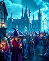 Discover a stunning high-resolution stock photo depicting a magical school brimming with young wizards.  Rendered in cool blu