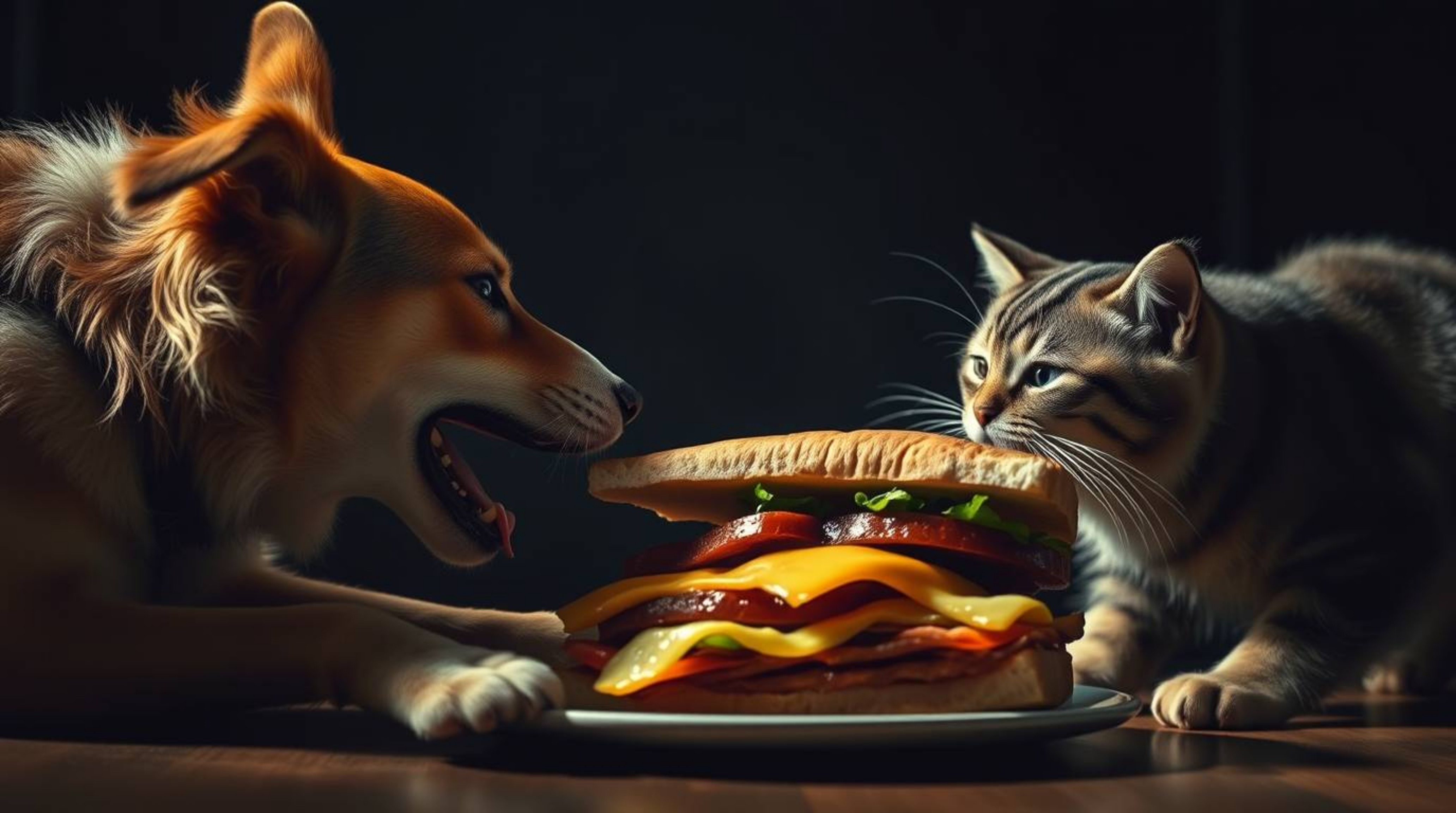 A dramatic cinematic style image captures the intense moment of a dog and cat fighting over a large sandwich. The scene is re
