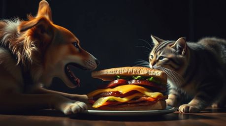 A dramatic cinematic style image captures the intense moment of a dog and cat fighting over a large sandwich. The scene is re