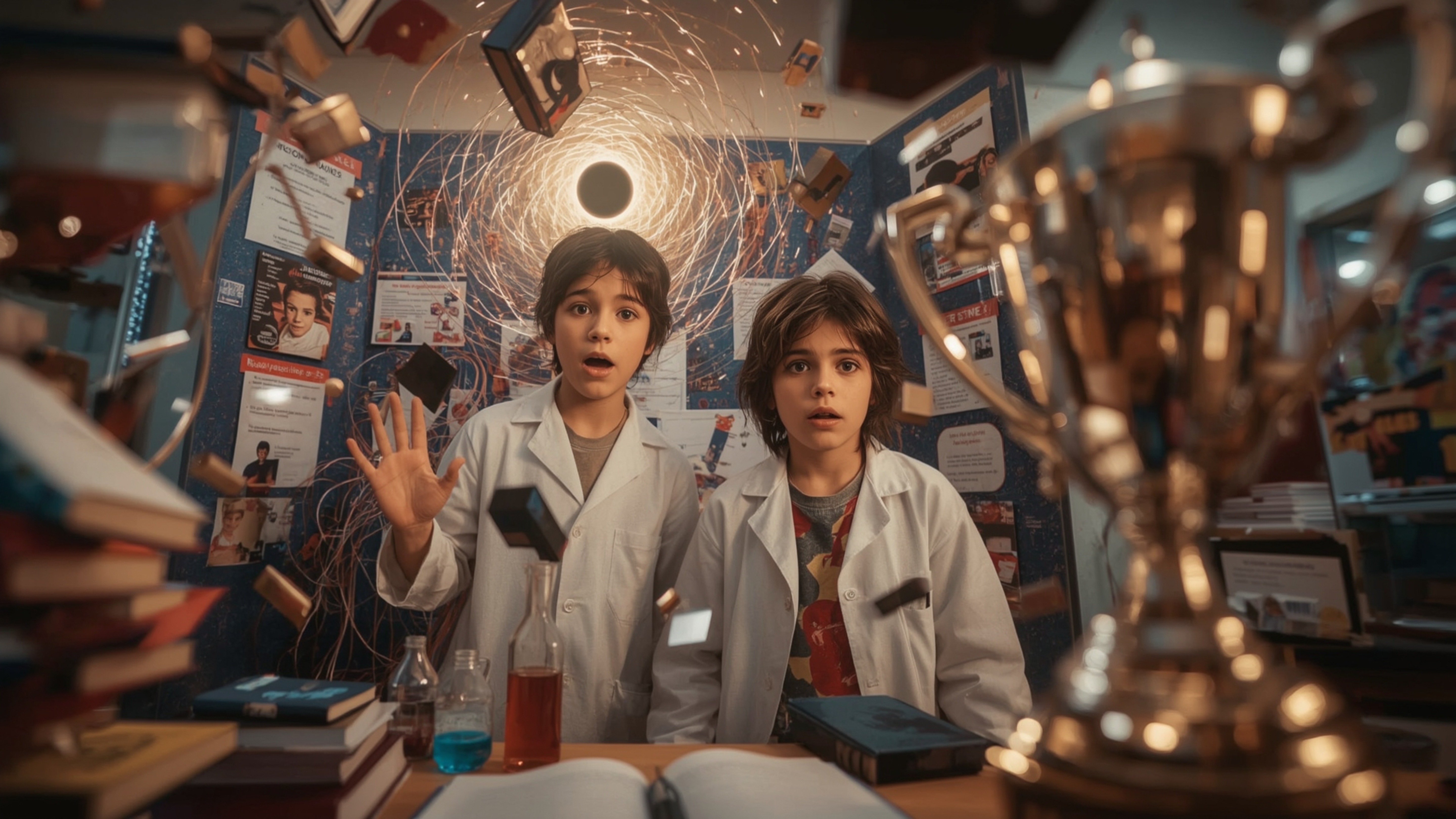 A highly detailed, cinematic photograph, in a vibrant, Pixar-inspired style, captures a dynamic duo of 12-year-old scientists
