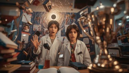 A highly detailed, cinematic photograph, in a vibrant, Pixar-inspired style, captures a dynamic duo of 12-year-old scientists