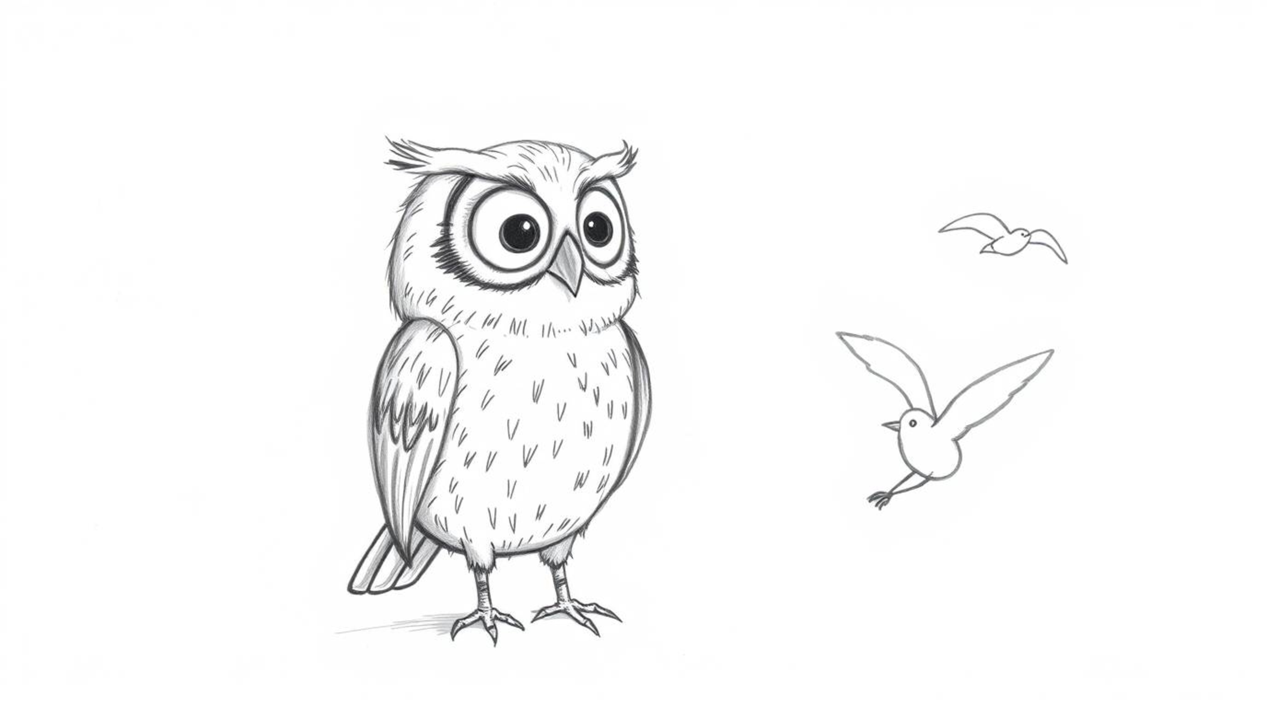 A heartwarming hand-drawn sketch in the style of Pixar depicts a kind, blind owl using its exceptional senses of smell, sound
