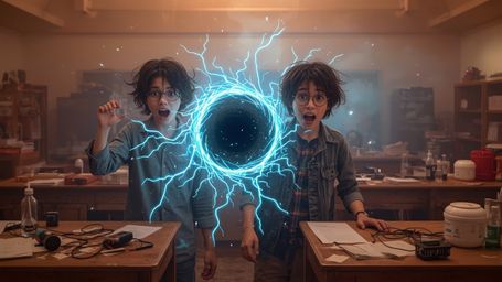 In a vibrant, cinematic photograph rendered in a hyper-realistic, Pixar-inspired style, a dynamic science fair duo unwittingl