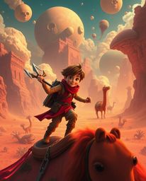 A brave Disney-style hero embarks on a breathtaking desert adventure filled with dreamlike, surreal imagery.  Warm reds, oran