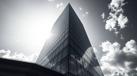 A precise architectural color photograph capturing a modern glass building dissolving into the sky. Strong hard light illumin