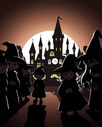 Capture the enchanting essence of a magical school brimming with adorable young wizards in this silhouetted, back-lit image. 