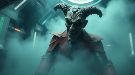 A villain with a textured, papier-mâché appearance is experiencing a hilarious breakdown in a high-tech lair shrouded in thic