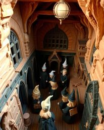 This high-angle photograph captures a whimsical magical school teeming with young wizards, all meticulously crafted from laye