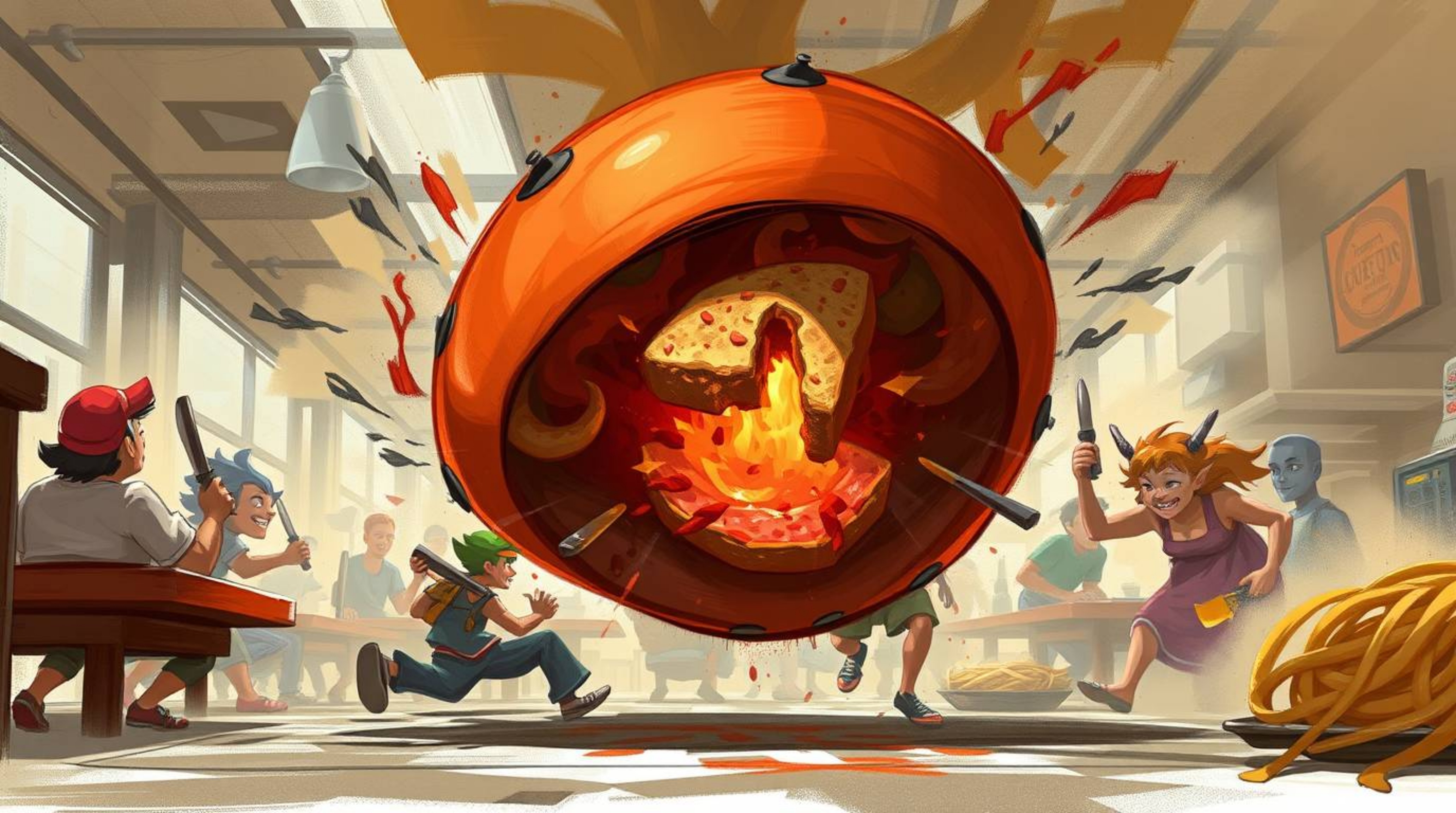 Witness a dynamic digital sketch of a cartoon cafeteria food fight from a unique low angle perspective. The scene is brought 