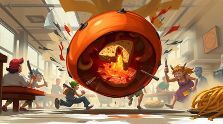 Witness a dynamic digital sketch of a cartoon cafeteria food fight from a unique low angle perspective. The scene is brought 