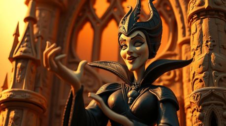 Discover stunning sculptural clay art featuring a graceful Disney villain casting a spell in a radiant castle. This piece sh