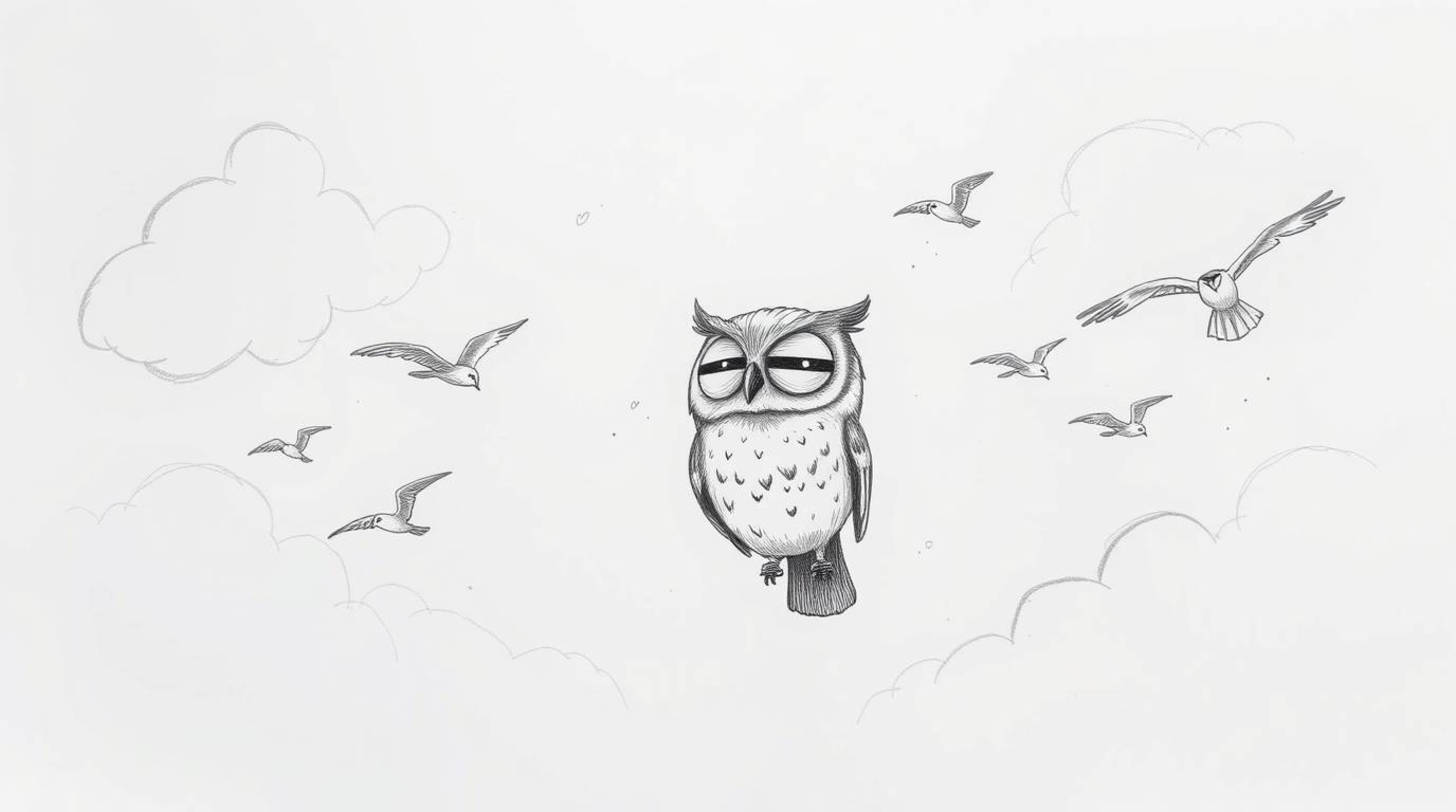 A heartwarming image featuring a hand-drawn sketch in the style of Pixar, showcasing a blind owl with soft, expressive featur