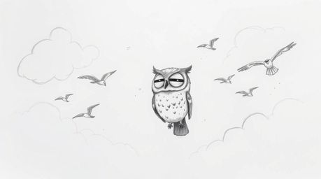 A heartwarming image featuring a hand-drawn sketch in the style of Pixar, showcasing a blind owl with soft, expressive featur