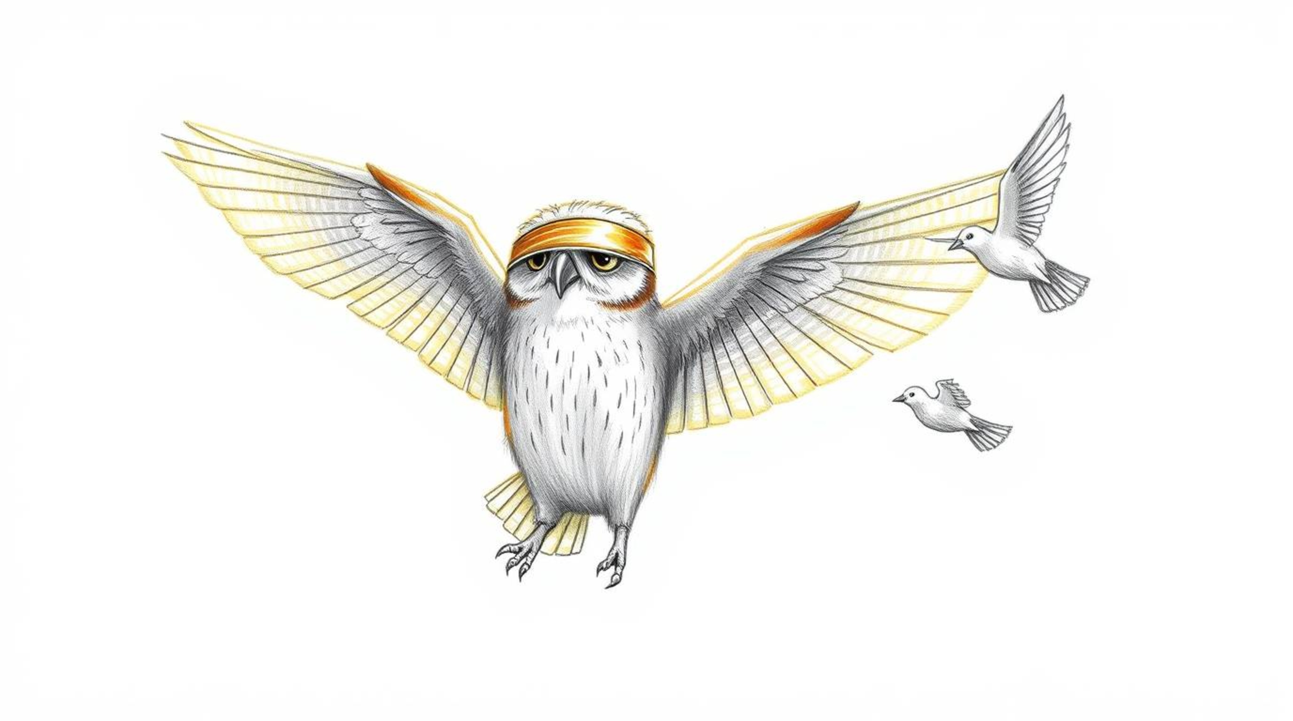 A charming, slightly imperfect, hand-drawn sketch in the Pixar style depicts a blind owl instructing birds in flight. The sun