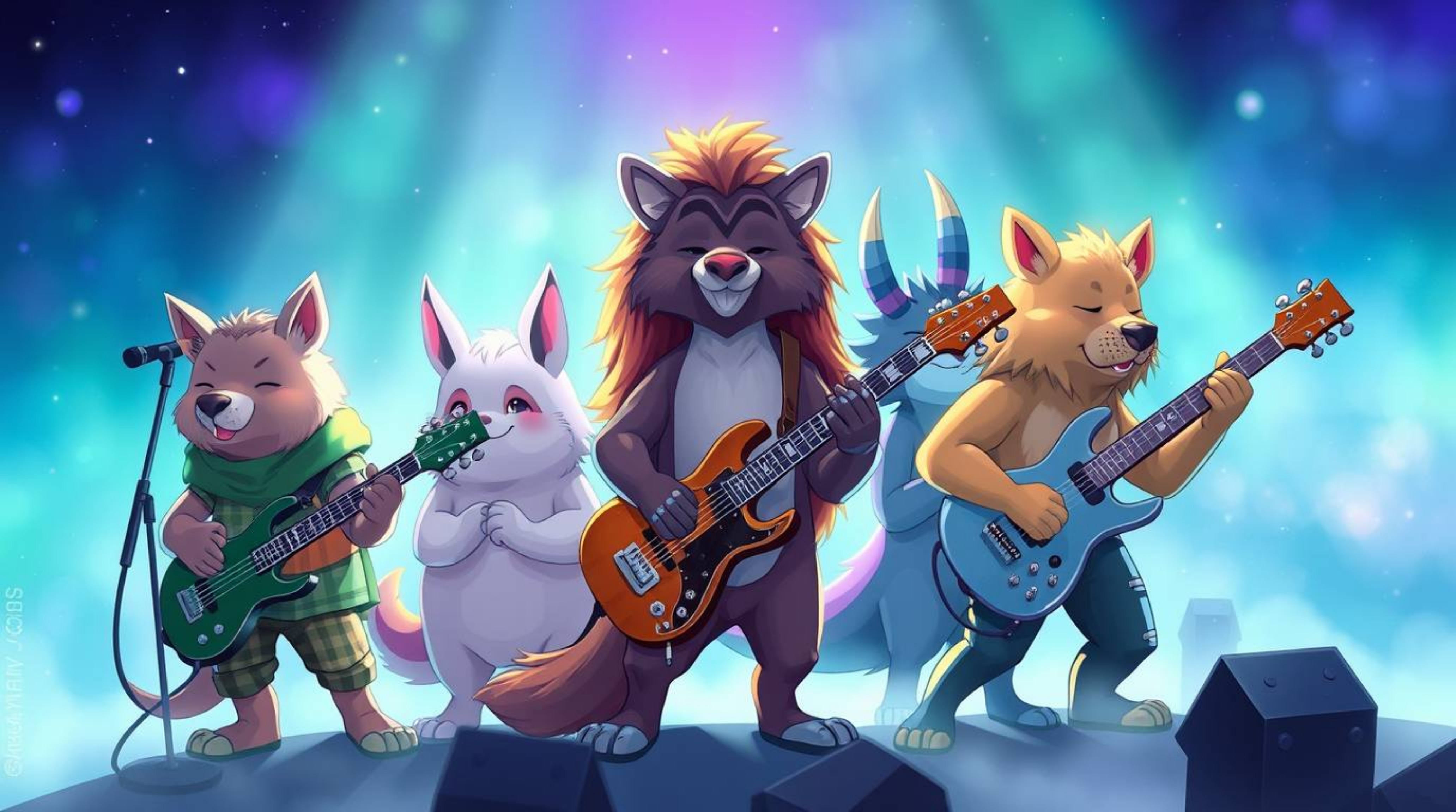 Experience a unique blend of rock music and spiritual vibes with a band of cartoon animals. This captivating scene features a