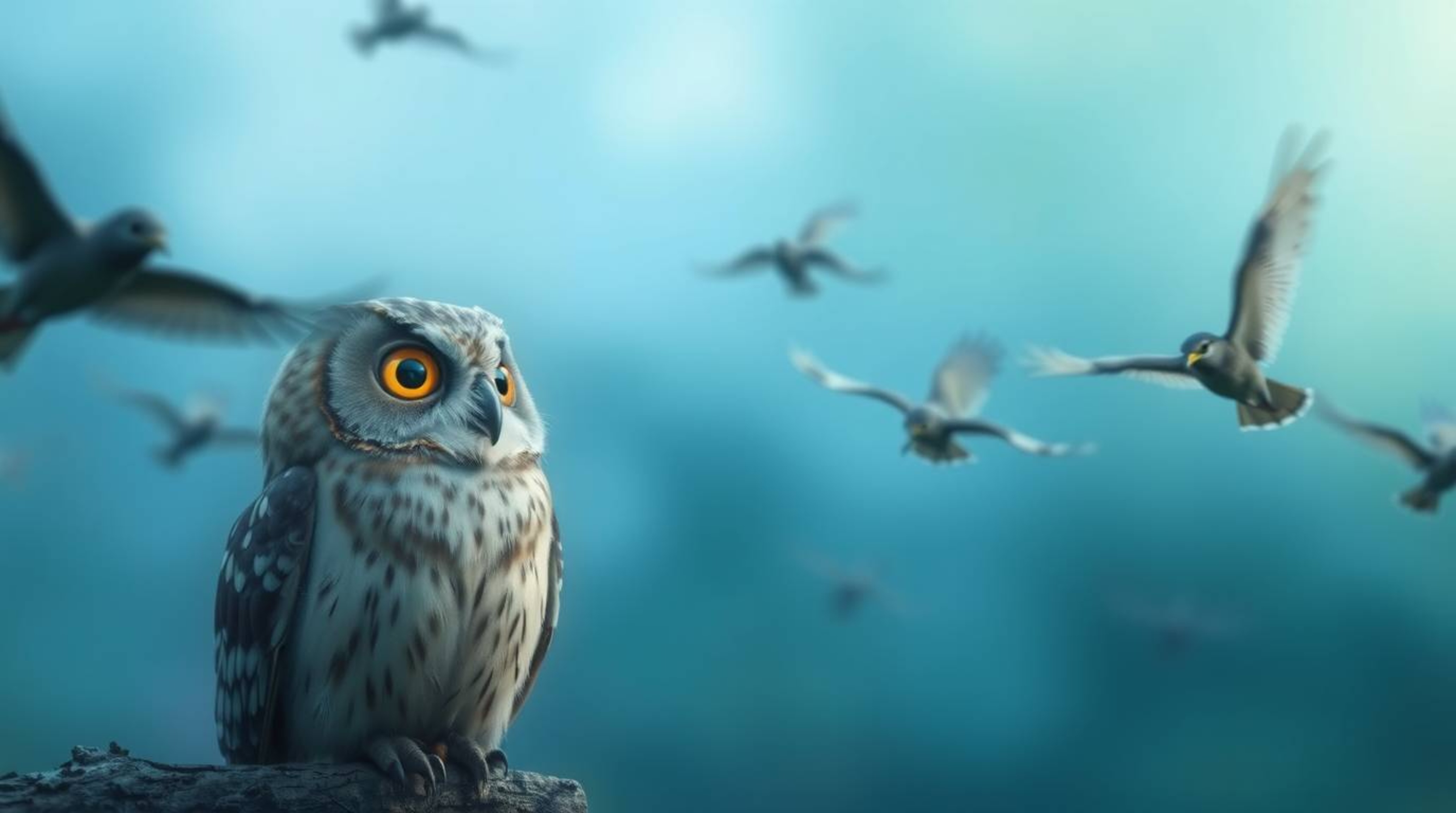 In a photographic rendering created in a long exposure style, a wise-looking, blind owl, depicted in a Pixar-esque manner, ob