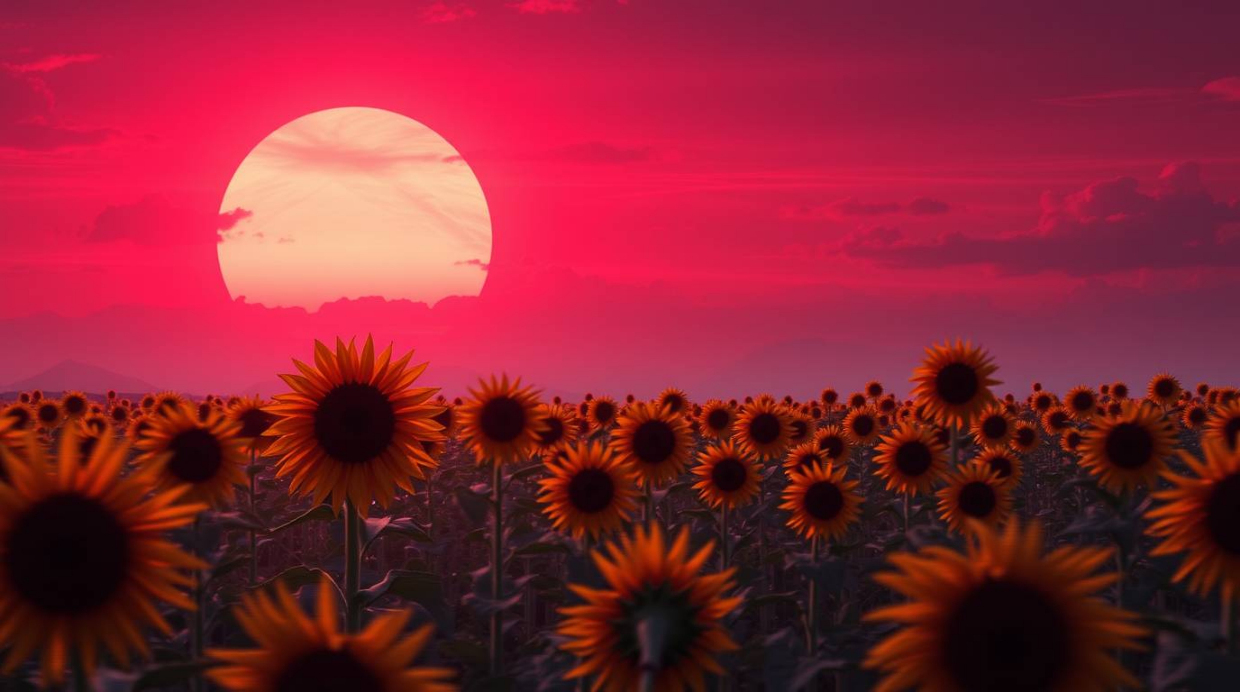 Experience a stunning futuristic sci-fi image: a breathtaking sunflower field bathed in the deep red and purple hues of a dra